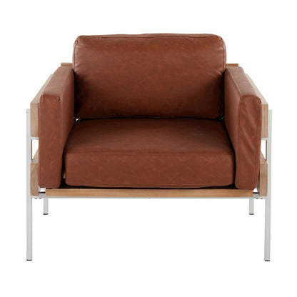 LumiSource Kari Accent Chair | Farmhouse White Metal, Natural Wood, Camel PU | Living Room & Reading Nook | 36 x 30 x 30 in | Model CHR-KARIPU2WNACAM
