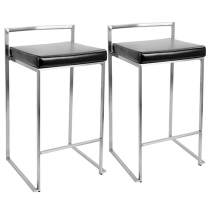 LumiSource Fuji Counter Stool (Set of 2) | Contemporary Black PU Leather & Stainless Steel | Kitchen Island & Bar Seating | Model CS-FUJIBK2