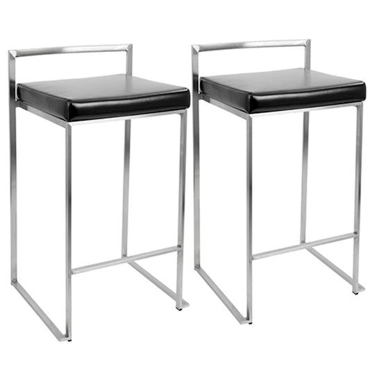 LumiSource Fuji Counter Stool (Set of 2) | Contemporary Black PU Leather & Stainless Steel | Kitchen Island & Bar Seating | Model CS-FUJIBK2