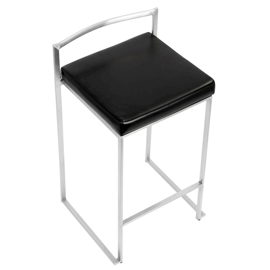 LumiSource Fuji Counter Stool (Set of 2) | Contemporary Black PU Leather & Stainless Steel | Kitchen Island & Bar Seating | Model CS-FUJIBK2