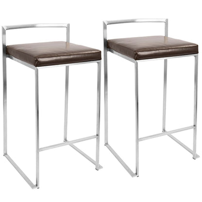 LumiSource Fuji Counter Stool (Set of 2) | Contemporary Brown PU Leather & Stainless Steel | Kitchen Island & Bar Seating | Model CS-FUJIBN2