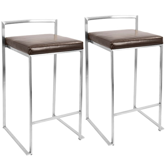 LumiSource Fuji Counter Stool (Set of 2) | Contemporary Brown PU Leather & Stainless Steel | Kitchen Island & Bar Seating | Model CS-FUJIBN2