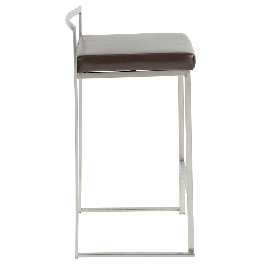 LumiSource Fuji Counter Stool (Set of 2) | Contemporary Brown PU Leather & Stainless Steel | Kitchen Island & Bar Seating | Model CS-FUJIBN2