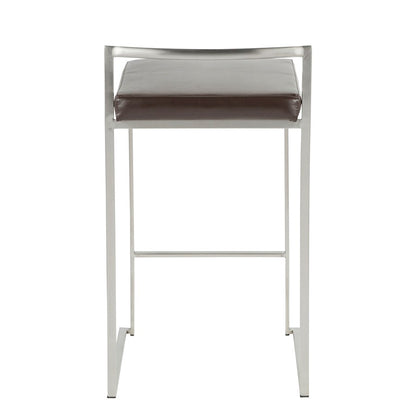 LumiSource Fuji Counter Stool (Set of 2) | Contemporary Brown PU Leather & Stainless Steel | Kitchen Island & Bar Seating | Model CS-FUJIBN2
