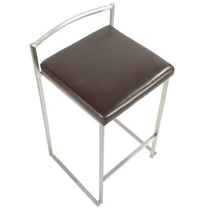 LumiSource Fuji Counter Stool (Set of 2) | Contemporary Brown PU Leather & Stainless Steel | Kitchen Island & Bar Seating | Model CS-FUJIBN2