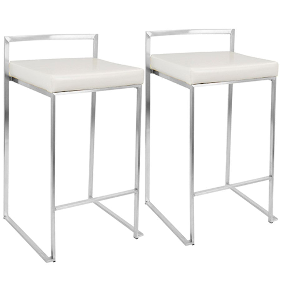 LumiSource Fuji Counter Stool (Set of 2) | Contemporary White PU Leather & Stainless Steel | Kitchen Island & Bar Seating | Model CS-FUJIW2