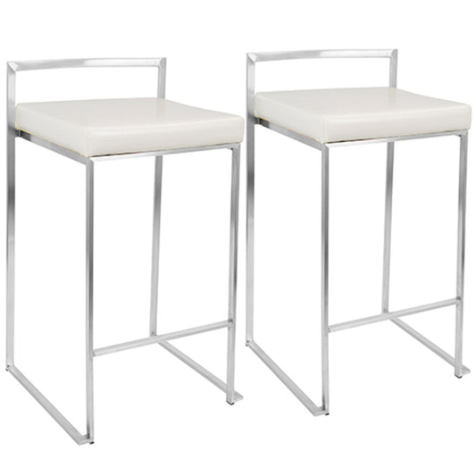 LumiSource Fuji Counter Stool (Set of 2) | Contemporary White PU Leather & Stainless Steel | Kitchen Island & Bar Seating | Model CS-FUJIW2