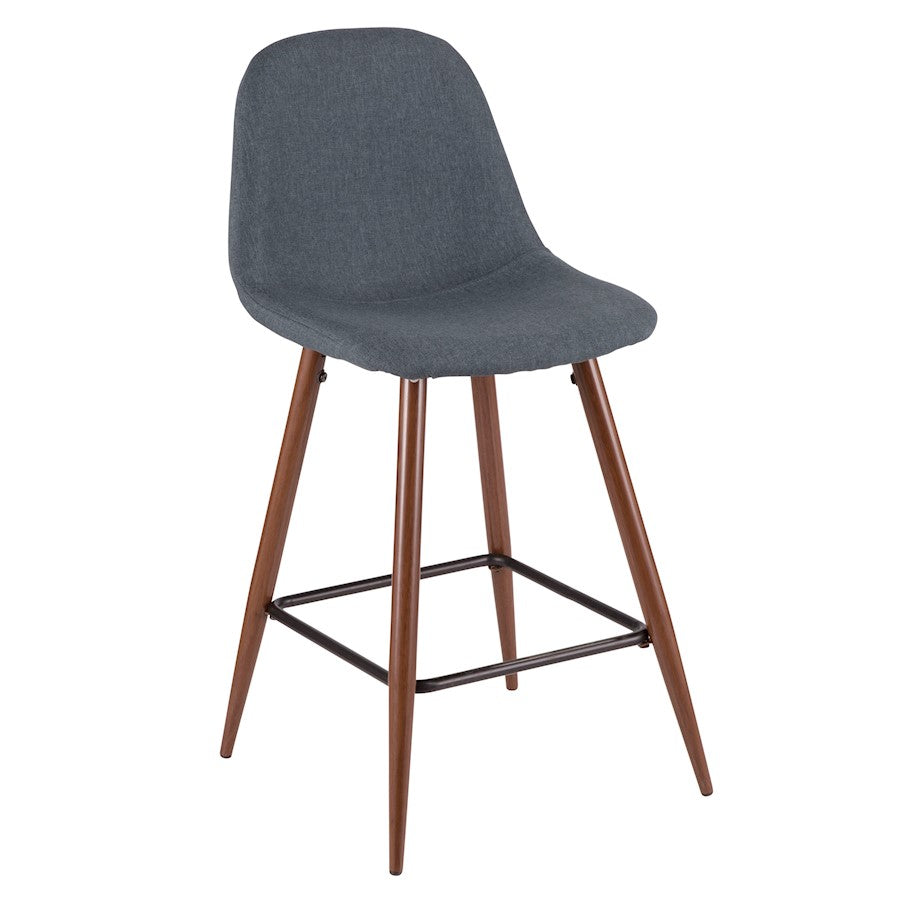 LumiSource Pebble Counter Stool Set of 2 | Mid-Century Walnut and Blue Fabric on Metal | Kitchen & Dining Seating | Model CS-PEBWL-BU2