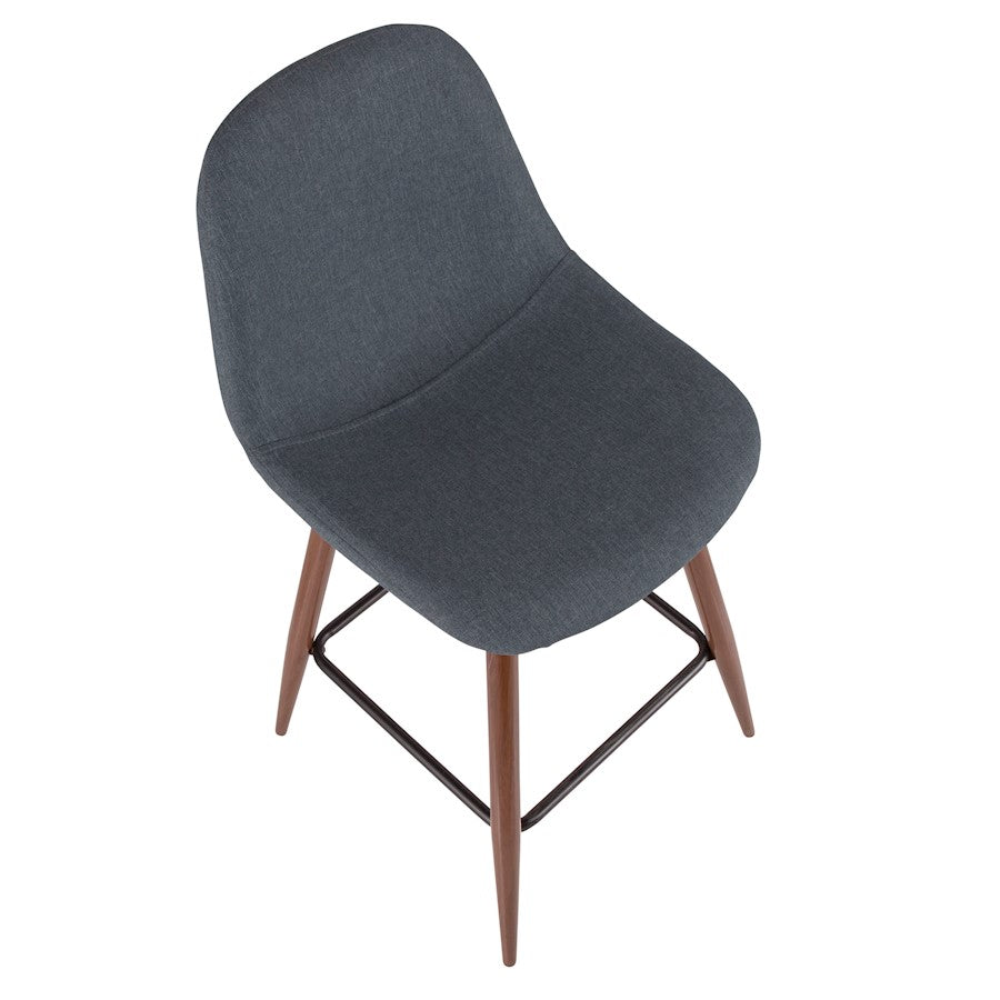 LumiSource Pebble Counter Stool Set of 2 | Mid-Century Walnut and Blue Fabric on Metal | Kitchen & Dining Seating | Model CS-PEBWL-BU2