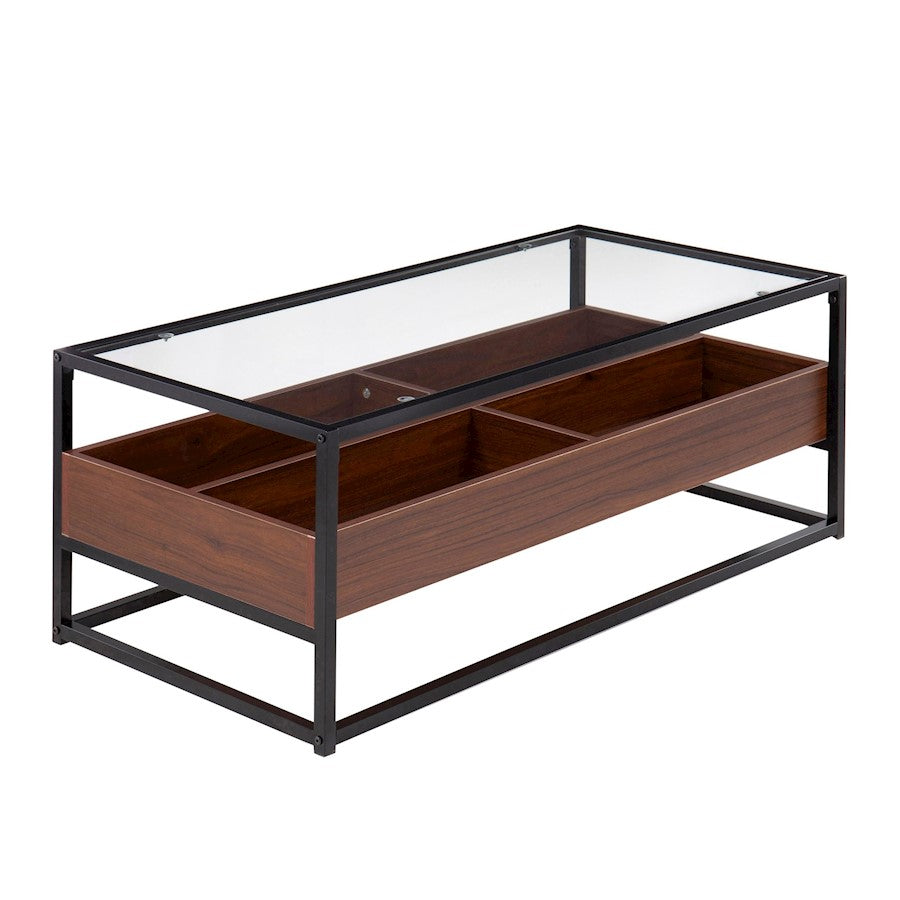 LumiSource Display Coffee Table 44in W | Black Steel, Walnut Wood, Clear Glass | Living Room Centerpiece with Storage | Model CT-DISPLAYBKWL