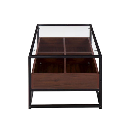 LumiSource Display Coffee Table 44in W | Black Steel, Walnut Wood, Clear Glass | Living Room Centerpiece with Storage | Model CT-DISPLAYBKWL