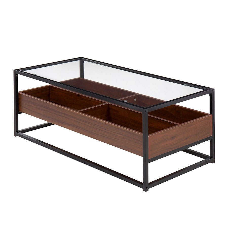 LumiSource Display Coffee Table 44in W | Black Steel, Walnut Wood, Clear Glass | Living Room Centerpiece with Storage | Model CT-DISPLAYBKWL