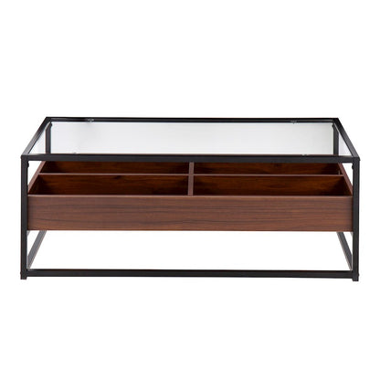 LumiSource Display Coffee Table 44in W | Black Steel, Walnut Wood, Clear Glass | Living Room Centerpiece with Storage | Model CT-DISPLAYBKWL