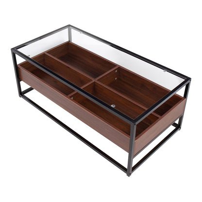 LumiSource Display Coffee Table 44in W | Black Steel, Walnut Wood, Clear Glass | Living Room Centerpiece with Storage | Model CT-DISPLAYBKWL