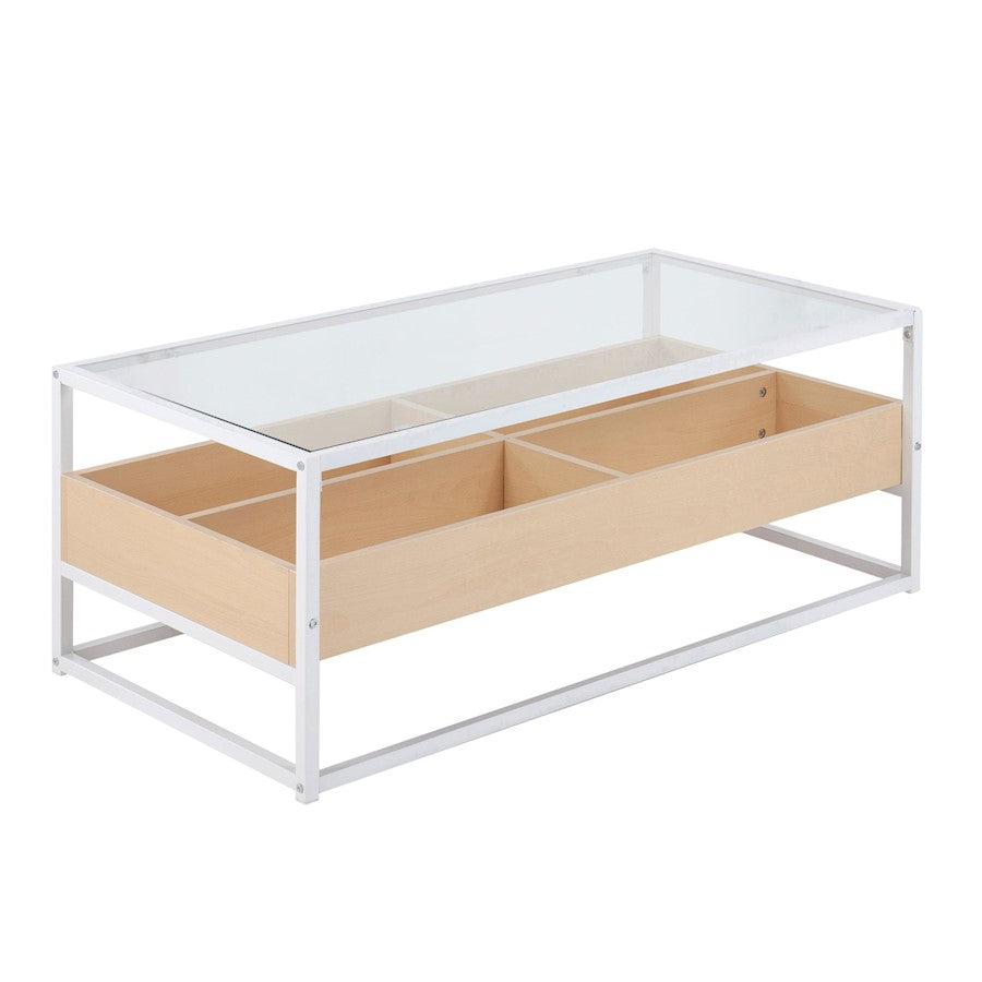 LumiSource Display Coffee Table 44in W | White Steel, Natural Wood, Clear Glass | Living Room Centerpiece with Storage | Model CT-DISPLAYWNA