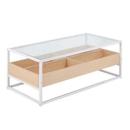 LumiSource Display Coffee Table 44in W | White Steel, Natural Wood, Clear Glass | Living Room Centerpiece with Storage | Model CT-DISPLAYWNA