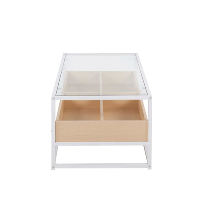 LumiSource Display Coffee Table 44in W | White Steel, Natural Wood, Clear Glass | Living Room Centerpiece with Storage | Model CT-DISPLAYWNA