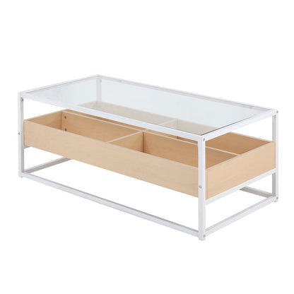 LumiSource Display Coffee Table 44in W | White Steel, Natural Wood, Clear Glass | Living Room Centerpiece with Storage | Model CT-DISPLAYWNA