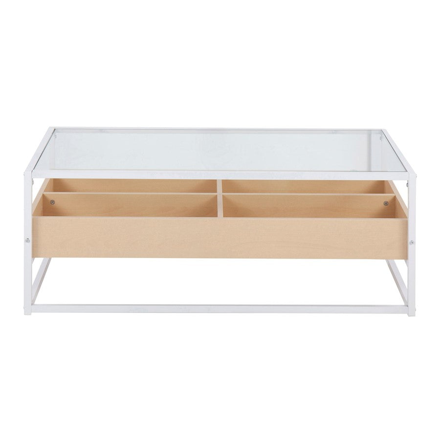 LumiSource Display Coffee Table 44in W | White Steel, Natural Wood, Clear Glass | Living Room Centerpiece with Storage | Model CT-DISPLAYWNA
