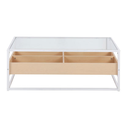 LumiSource Display Coffee Table 44in W | White Steel, Natural Wood, Clear Glass | Living Room Centerpiece with Storage | Model CT-DISPLAYWNA