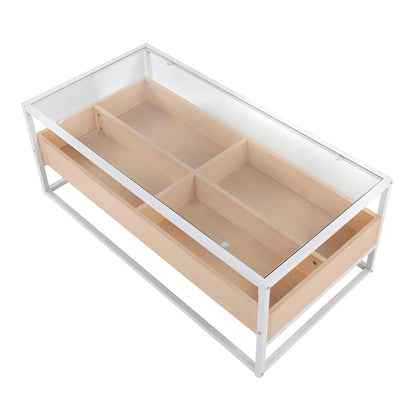 LumiSource Display Coffee Table 44in W | White Steel, Natural Wood, Clear Glass | Living Room Centerpiece with Storage | Model CT-DISPLAYWNA