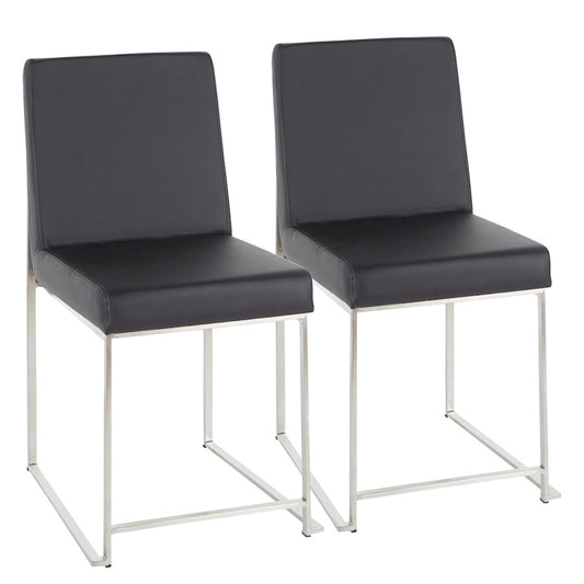 LumiSource Fuji High Back Dining Chair Set of 2 | Brushed Stainless Steel & Black PU Leather | Dining Room & Office Seating | Model DC-HBFUJISSBK2