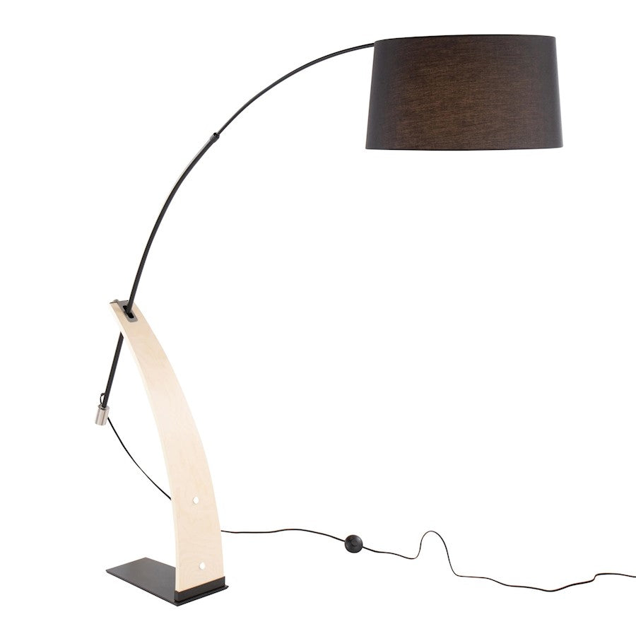 LumiSource Robyn 74in Arched Floor Lamp | Mid-Century Natural Wood and Black Metal with Black Linen Shade | Living Room | Model L-ROBYNFLNABK
