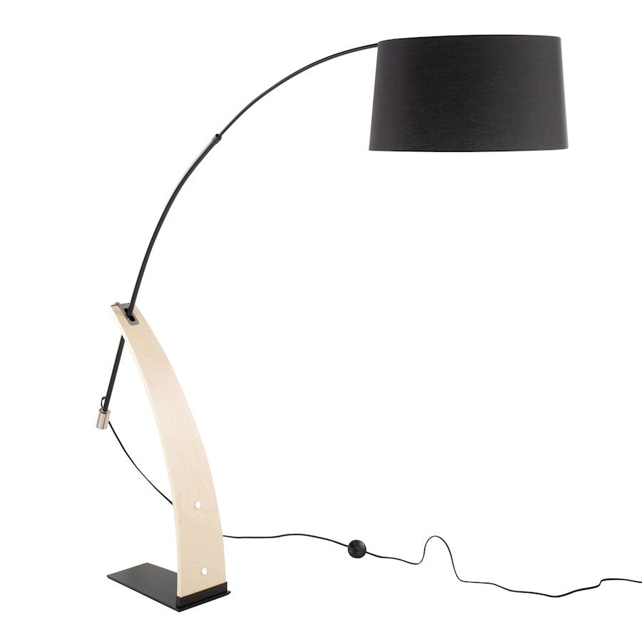 LumiSource Robyn 74in Arched Floor Lamp | Mid-Century Natural Wood and Black Metal with Black Linen Shade | Living Room | Model L-ROBYNFLNABK
