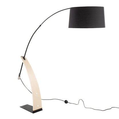 LumiSource Robyn 74in Arched Floor Lamp | Mid-Century Natural Wood and Black Metal with Black Linen Shade | Living Room | Model L-ROBYNFLNABK