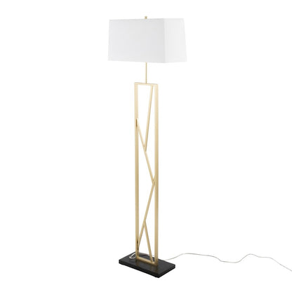 LumiSource Folia 66in Floor Lamp | Contemporary Gold Metal, White Linen, Black Marble | Living Room & Bedroom | Model LFL-FOLIA2AUW