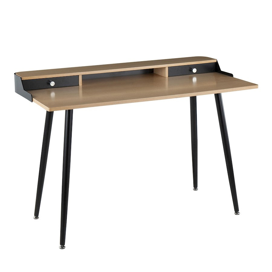 LumiSource Harvey Desk 48in Black Steel/Natural Wood/Black Wood/Nickel | Mid-Century Modern Desk with Drawers | Home Office | Model OFD-HRVYNABK