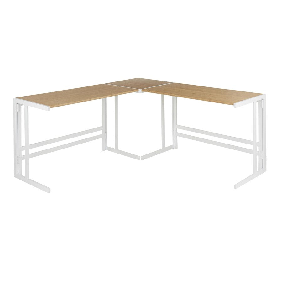 LumiSource Roman L-Shaped Desk 67in Bamboo Top | White Steel Frame | Home Office & Corner Desk | 67 x 22 x 30 in | Model OS-ROMAN3WNA