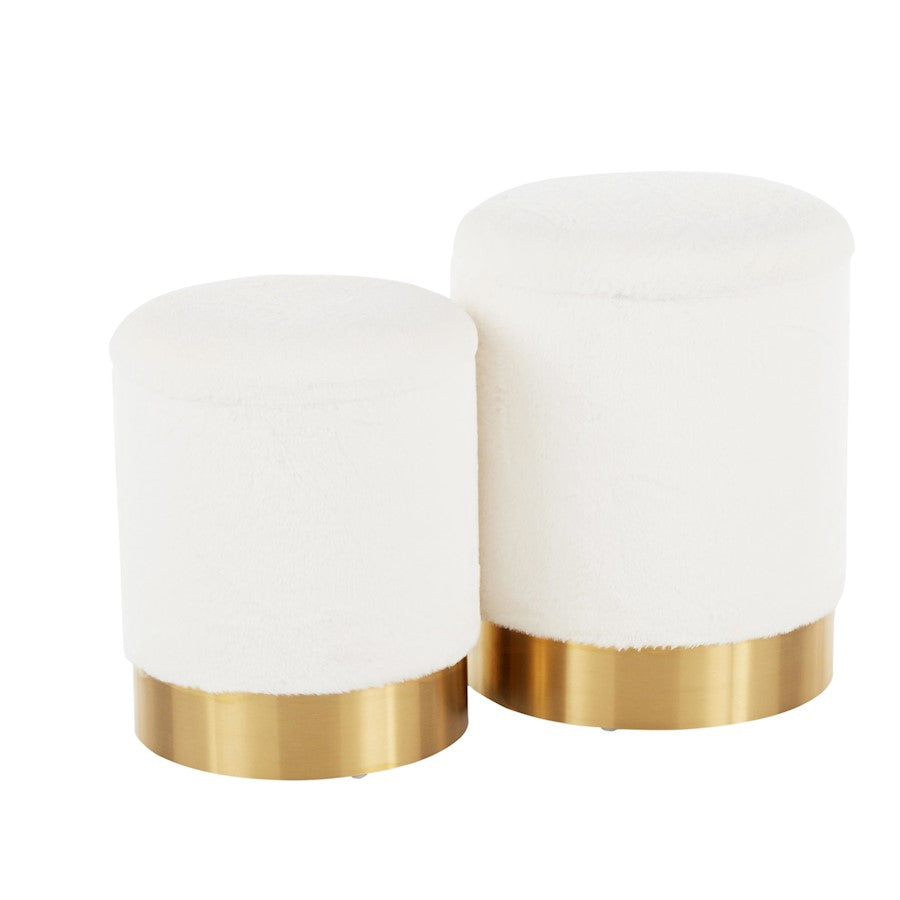 LumiSource Marla Nesting Ottoman Set | Cream Plush Fabric & Gold Metal | Living Room & Bedroom Seating | 14 x 14 x 17.75 in | Model OT-MARLAPLSHCR