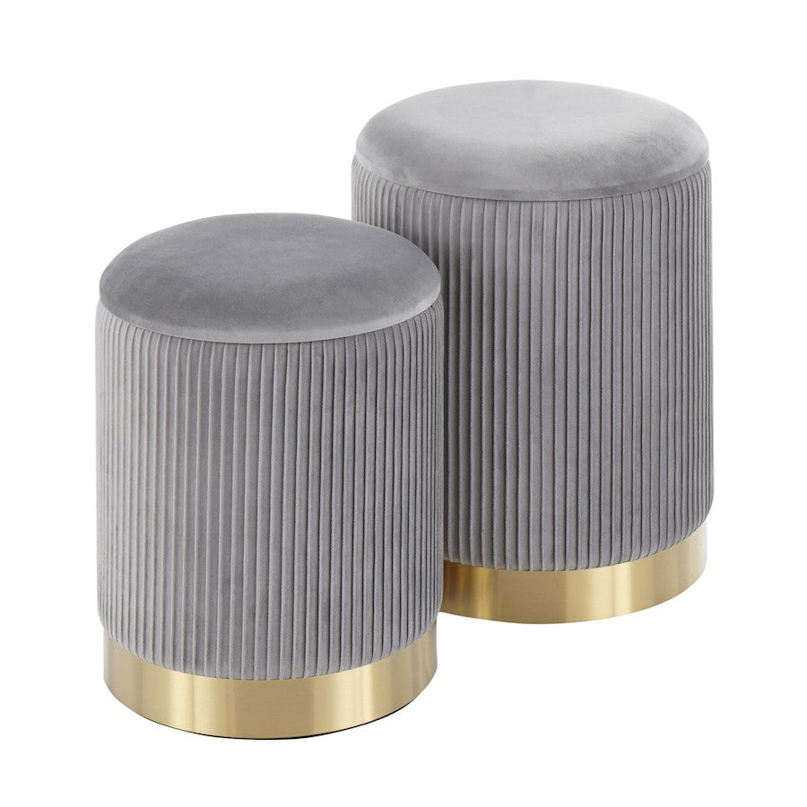 LumiSource Marla Pleated Nesting Ottoman Set | Gold Metal and Grey Velvet | Living Room & Bedroom Accent Seating | 12-14 in W | Model OT-MARLAPLTVGY