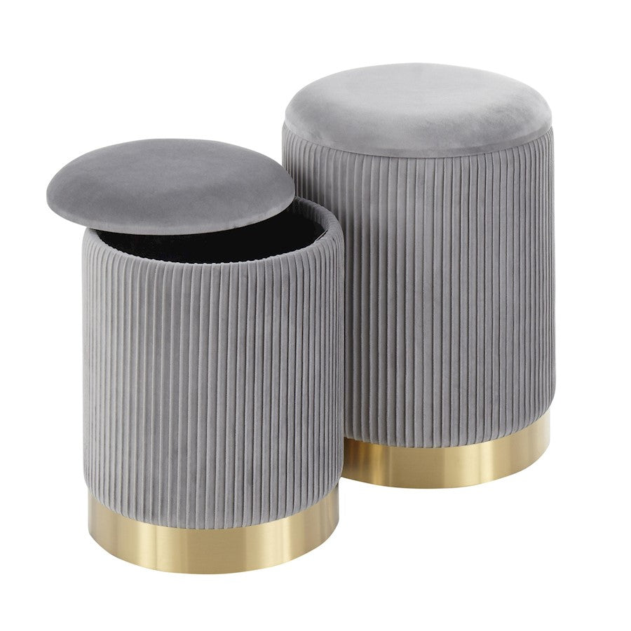 LumiSource Marla Pleated Nesting Ottoman Set | Gold Metal and Grey Velvet | Living Room & Bedroom Accent Seating | 12-14 in W | Model OT-MARLAPLTVGY