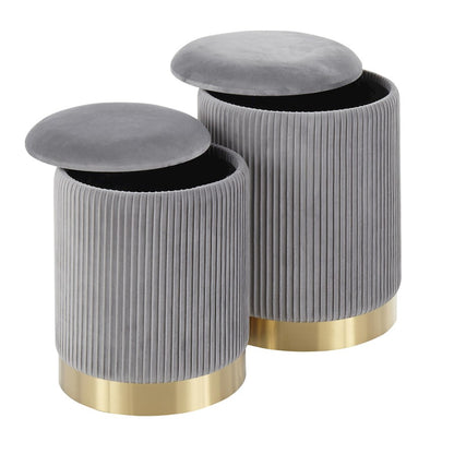 LumiSource Marla Pleated Nesting Ottoman Set | Gold Metal and Grey Velvet | Living Room & Bedroom Accent Seating | 12-14 in W | Model OT-MARLAPLTVGY