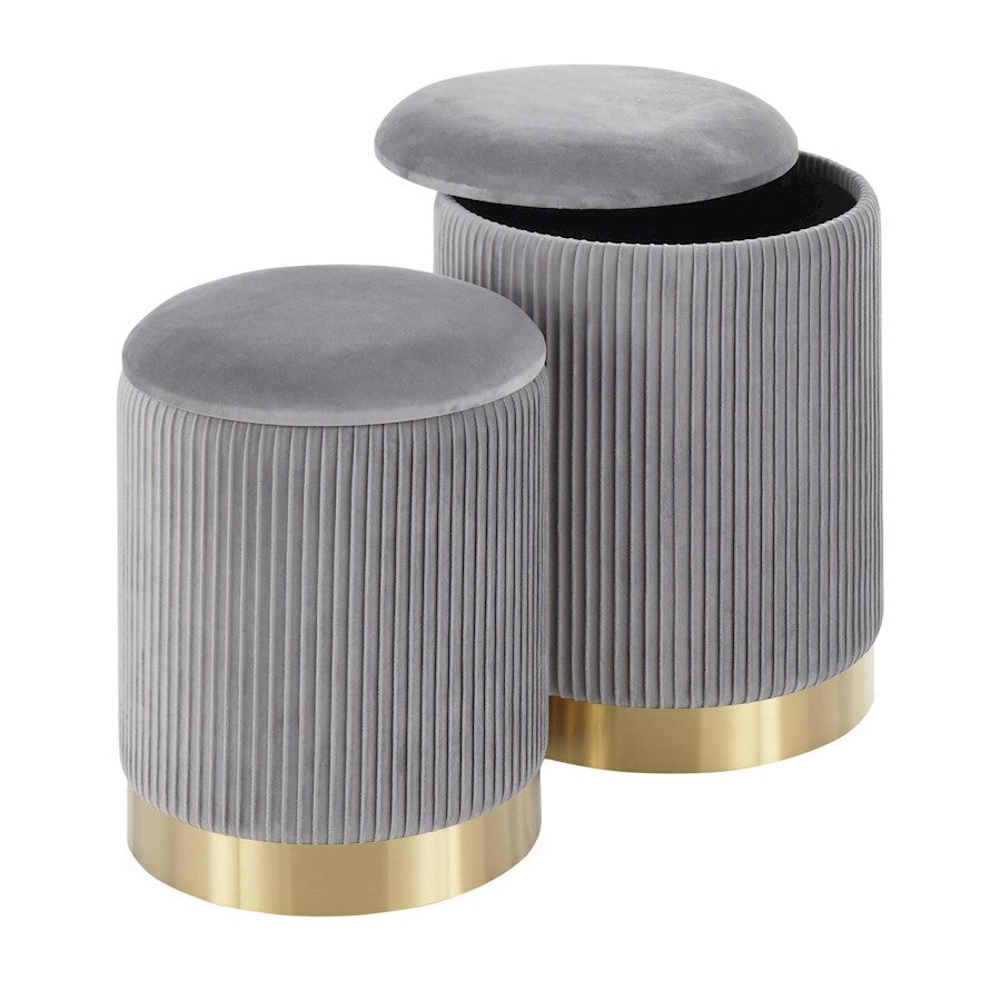 LumiSource Marla Pleated Nesting Ottoman Set | Gold Metal and Grey Velvet | Living Room & Bedroom Accent Seating | 12-14 in W | Model OT-MARLAPLTVGY