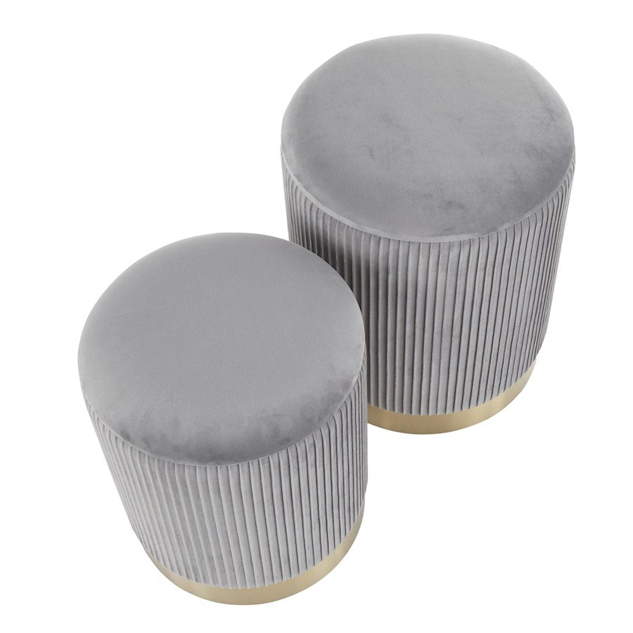 LumiSource Marla Pleated Nesting Ottoman Set | Gold Metal and Grey Velvet | Living Room & Bedroom Accent Seating | 12-14 in W | Model OT-MARLAPLTVGY