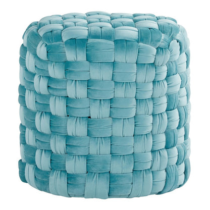LumiSource Braided 16in Round Ottoman | Ice Blue Velvet and Foam | Living Room Footrest & Casual Seating | 17 x 17 x 16.5 in | Model OT-RNDBRD16VLBU
