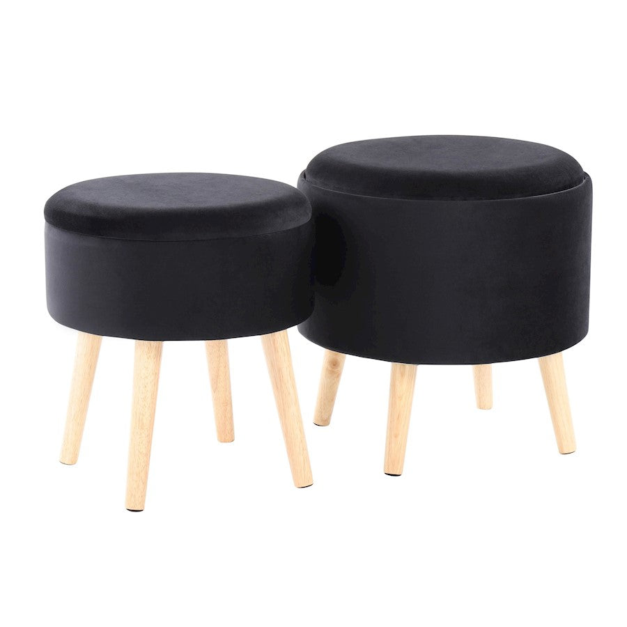 LumiSource Tray Storage Ottoman Set | Natural Wood & Black Velvet | Living Room & Entryway Seating & Storage | 18in H | Model OT-STORNESTNAVBK
