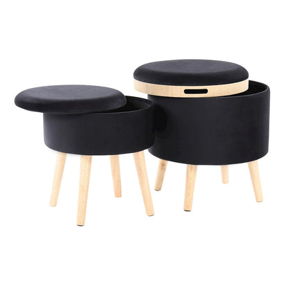 LumiSource Tray Storage Ottoman Set | Natural Wood & Black Velvet | Living Room & Entryway Seating & Storage | 18in H | Model OT-STORNESTNAVBK