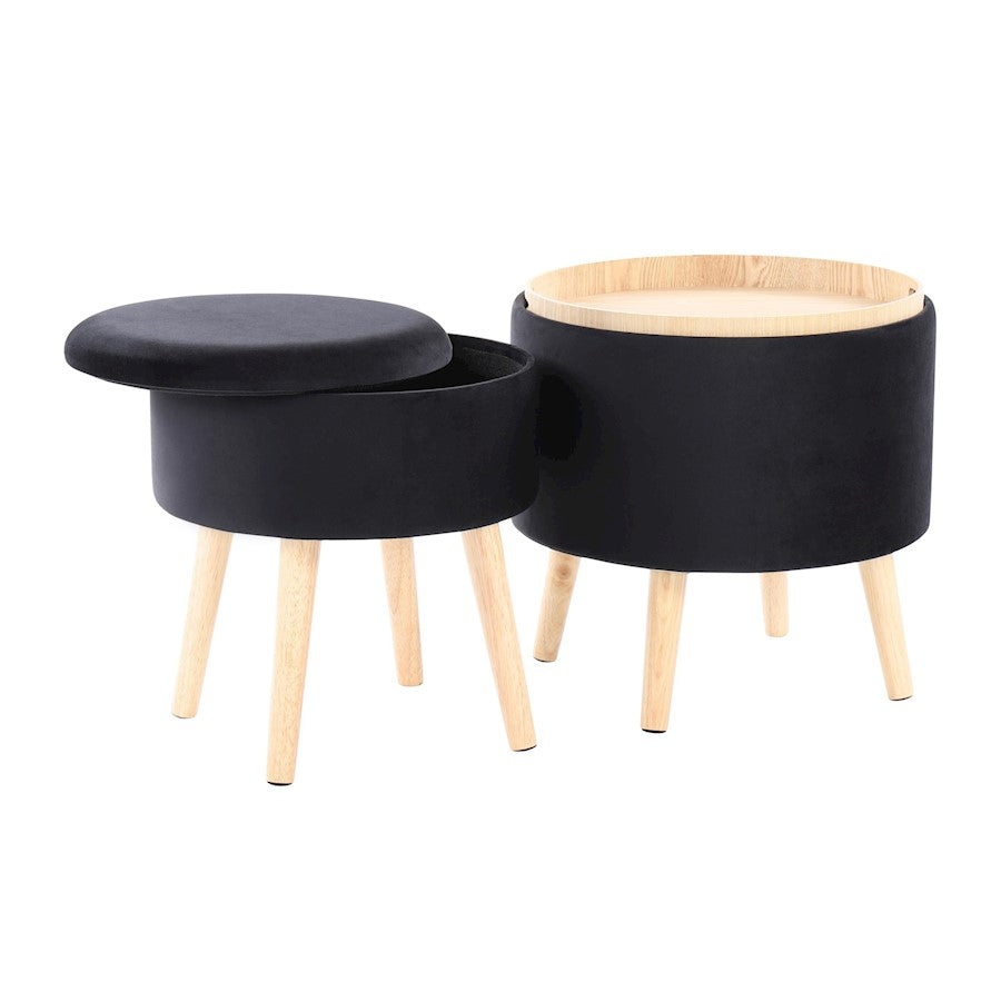 LumiSource Tray Storage Ottoman Set | Natural Wood & Black Velvet | Living Room & Entryway Seating & Storage | 18in H | Model OT-STORNESTNAVBK