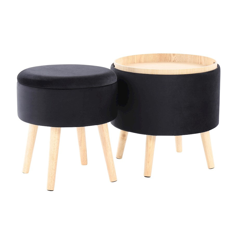 LumiSource Tray Storage Ottoman Set | Natural Wood & Black Velvet | Living Room & Entryway Seating & Storage | 18in H | Model OT-STORNESTNAVBK