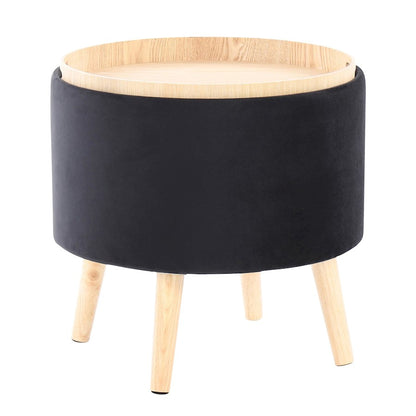 LumiSource Tray Storage Ottoman Set | Natural Wood & Black Velvet | Living Room & Entryway Seating & Storage | 18in H | Model OT-STORNESTNAVBK