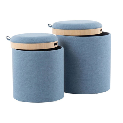 LumiSource Tray Nesting Ottoman Set | Blue Fabric & Natural Wood | Living Room & Bedroom Seating & Storage | 17.5in H | Model OT-TRAYNESTBUNA