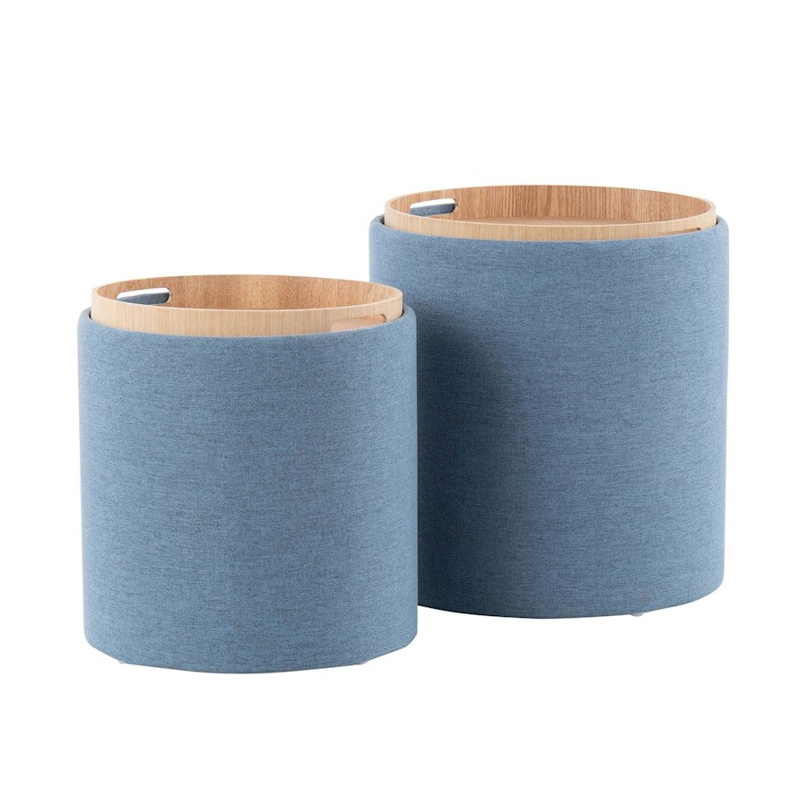 LumiSource Tray Nesting Ottoman Set | Blue Fabric & Natural Wood | Living Room & Bedroom Seating & Storage | 17.5in H | Model OT-TRAYNESTBUNA