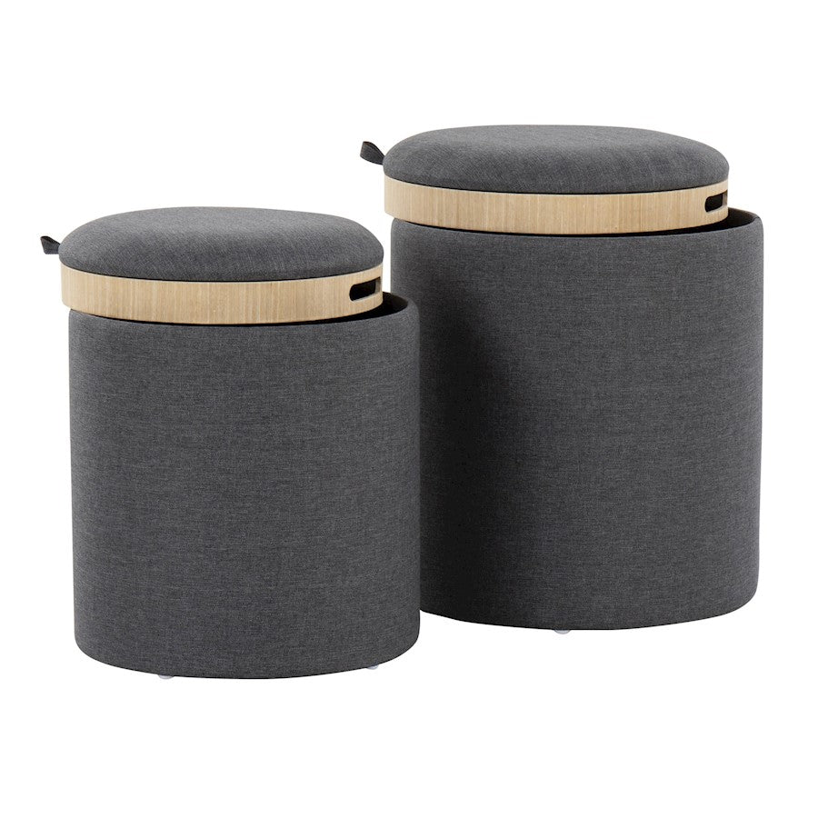 LumiSource Tray Nesting Ottoman Set | Charcoal Fabric & Natural Wood | Living Room & Bedroom Seating & Storage | 17.5in H | Model OT-TRAYNESTCHARNA