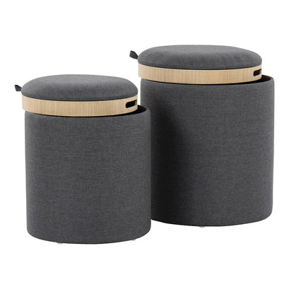 LumiSource Tray Nesting Ottoman Set | Charcoal Fabric & Natural Wood | Living Room & Bedroom Seating & Storage | 17.5in H | Model OT-TRAYNESTCHARNA