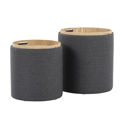 LumiSource Tray Nesting Ottoman Set | Charcoal Fabric & Natural Wood | Living Room & Bedroom Seating & Storage | 17.5in H | Model OT-TRAYNESTCHARNA
