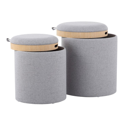 LumiSource Tray Nesting Ottoman Set | Grey Fabric & Natural Wood | Living Room & Bedroom Seating & Storage | 17.5in H | Model OT-TRAYNESTGYNA